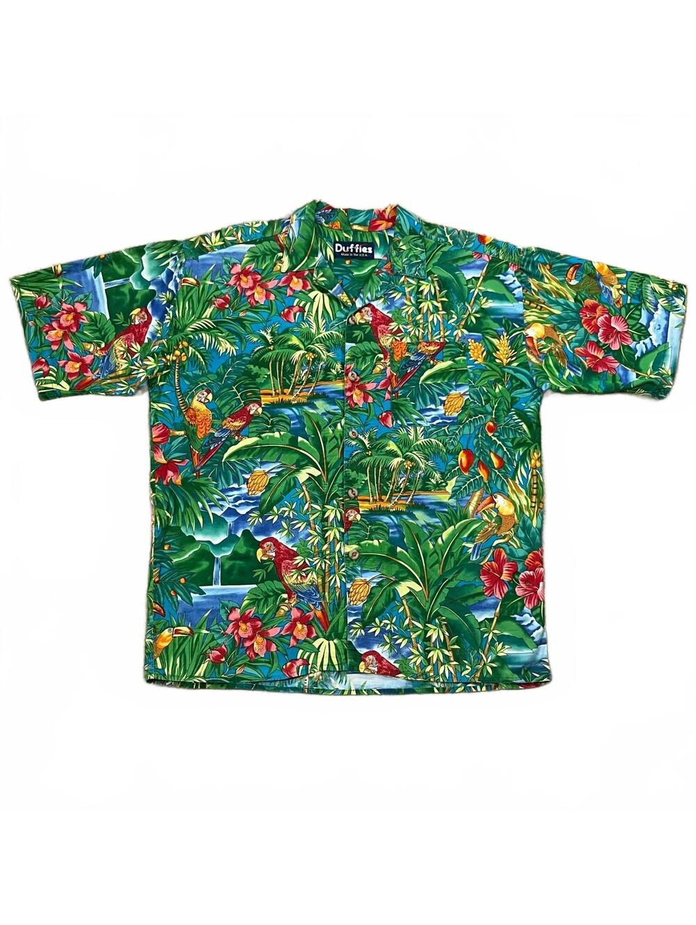 Duffies CP Duffy Mens Parrot Tropical Printed Hawaiian Shirt Cotton Size XL